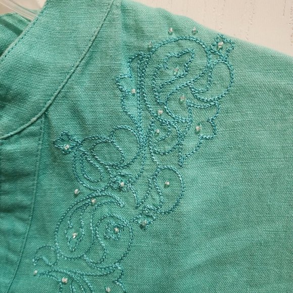 Style & Co Women's Short Sleeve Blouse Top Button Up 100% Linen Beaded Blue Sz 6 - Picture 3 of 8
